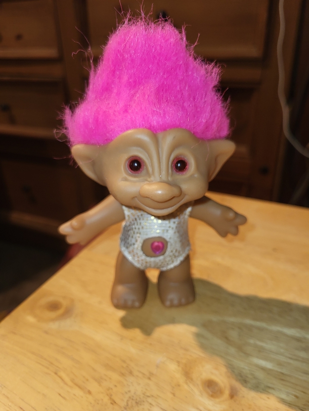 Vintage Ace Novelty Troll Doll 3" Pink Hair Belly Jewel Gem Stone